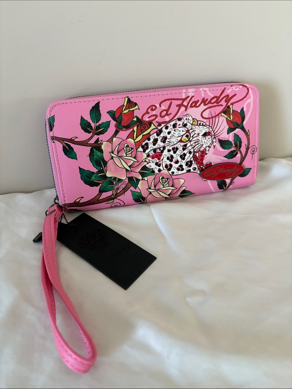 Ed Hardy Pink Floral Leopard Zip-Around Wristlet Wallet with Green Accents